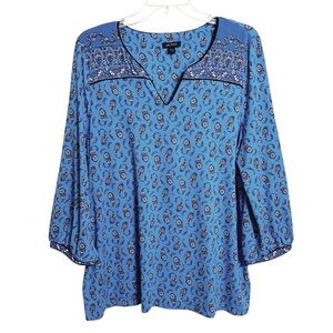 J. Jill Wearever Collection Womens Paisley Floral Popover Top L Tall Blue Boho